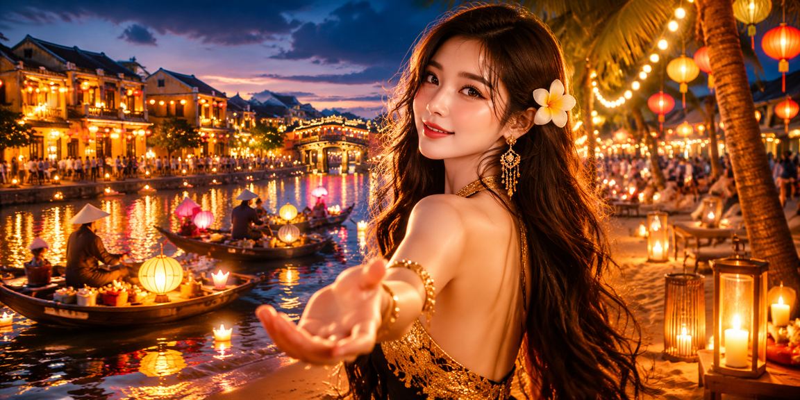 Người dùng tại Hội An tìm kiếm hỗ trợ trực tuyến dưới ánh đèn lồng buổi tối